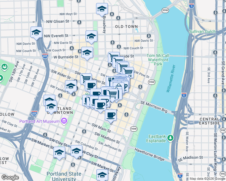 map of restaurants, bars, coffee shops, grocery stores, and more near 320 Southwest Alder Street in Portland
