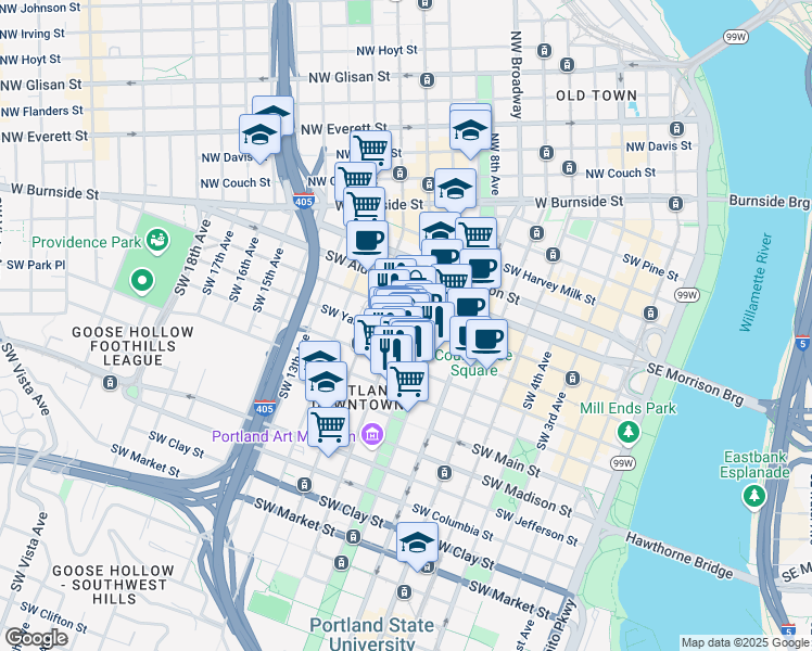 map of restaurants, bars, coffee shops, grocery stores, and more near in Portland