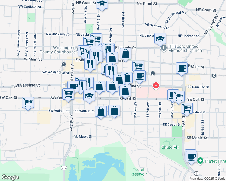 map of restaurants, bars, coffee shops, grocery stores, and more near 433 Southeast Oak Street in Hillsboro