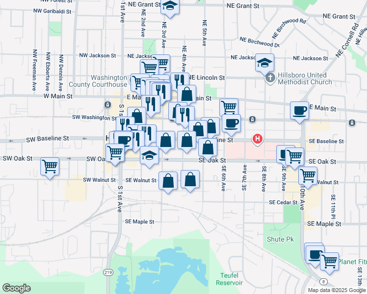 map of restaurants, bars, coffee shops, grocery stores, and more near 363 Southeast Oak Street in Hillsboro