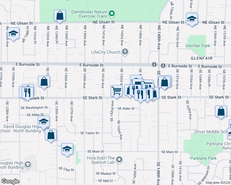 map of restaurants, bars, coffee shops, grocery stores, and more near 14212 Southeast Stark Street in Portland