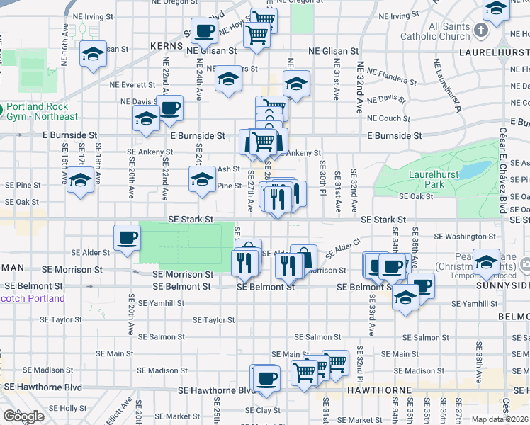 map of restaurants, bars, coffee shops, grocery stores, and more near 427 Southeast 28th Avenue in Portland