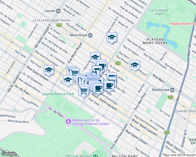 map of restaurants, bars, coffee shops, grocery stores, and more near 155 Rue Rachel Est in Montréal