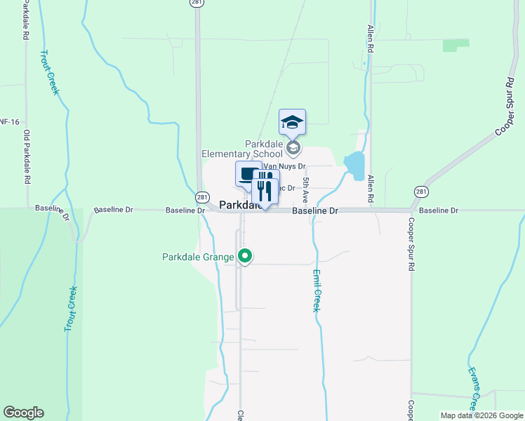 map of restaurants, bars, coffee shops, grocery stores, and more near Oregon 281 in Parkdale