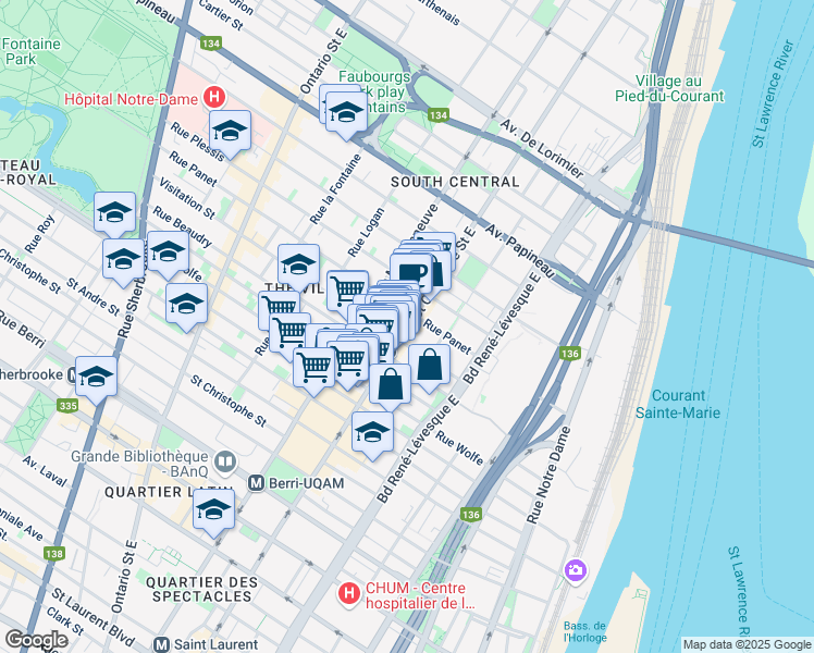 map of restaurants, bars, coffee shops, grocery stores, and more near 1319 Saint Catherine Street East in Montreal
