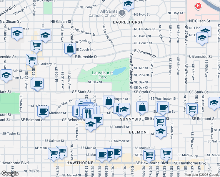 map of restaurants, bars, coffee shops, grocery stores, and more near 441 SE 37th Ave in Portland