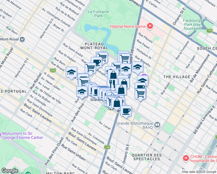 map of restaurants, bars, coffee shops, grocery stores, and more near 545 Rue Cherrier in Montréal