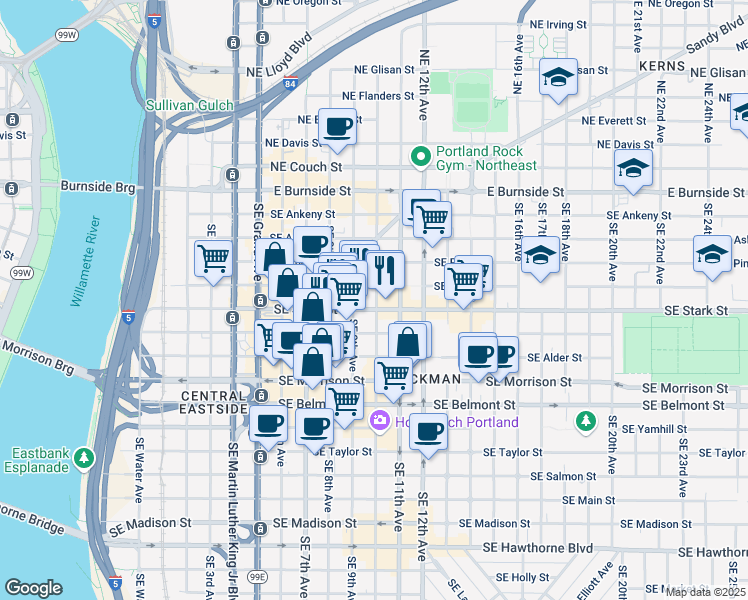 map of restaurants, bars, coffee shops, grocery stores, and more near 421 Southeast 10th Avenue in Portland