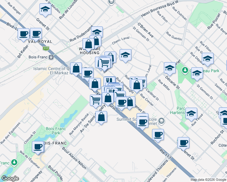 map of restaurants, bars, coffee shops, grocery stores, and more near 1990 Rue Grenet in Montréal