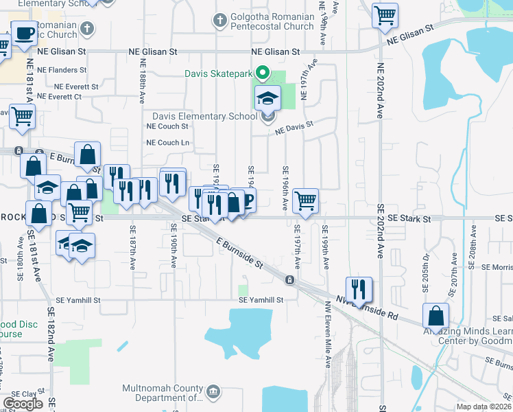 map of restaurants, bars, coffee shops, grocery stores, and more near 19422 Southeast Stark Street in Portland