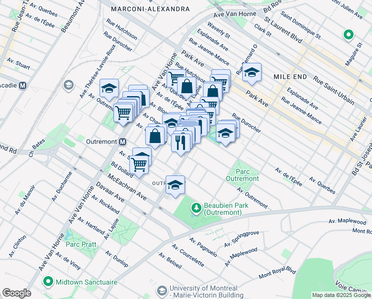 map of restaurants, bars, coffee shops, grocery stores, and more near in Montreal