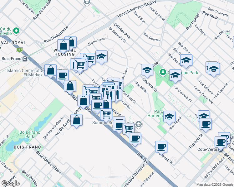 map of restaurants, bars, coffee shops, grocery stores, and more near 1660 Rue Poirier in Montréal