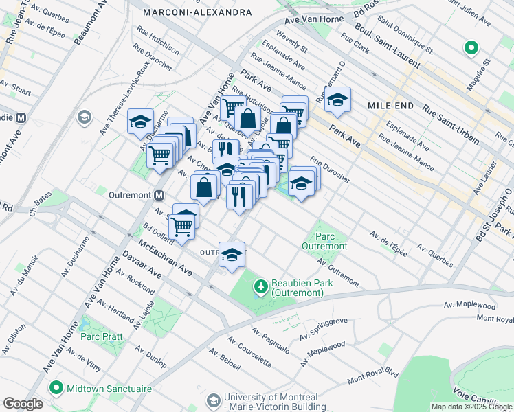map of restaurants, bars, coffee shops, grocery stores, and more near 1260 Bernard Avenue in Montrã©Al