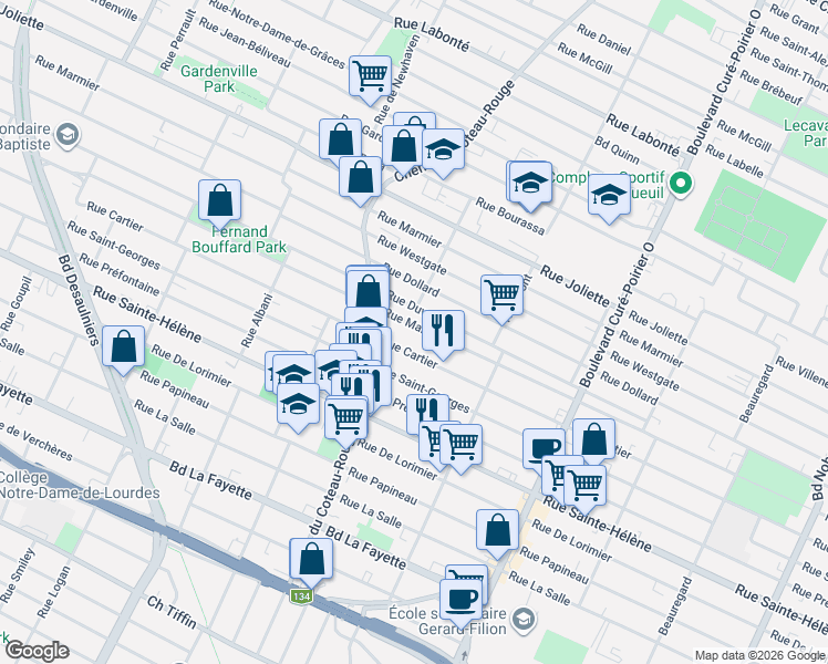 map of restaurants, bars, coffee shops, grocery stores, and more near 1568 Rue Marquette in Longueuil