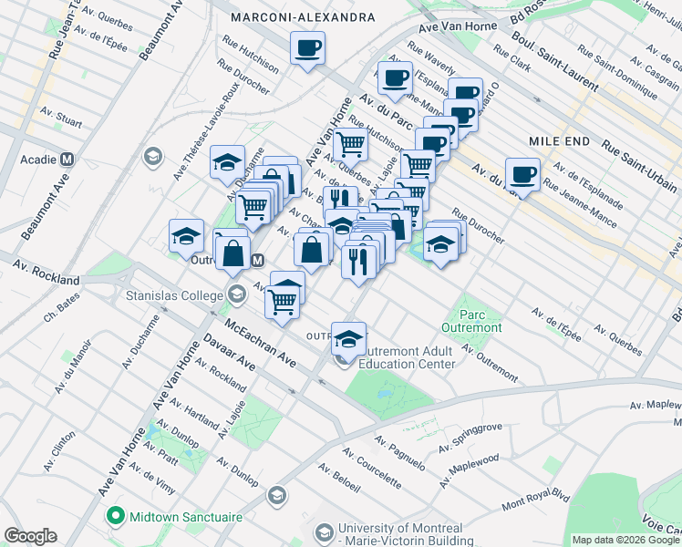 map of restaurants, bars, coffee shops, grocery stores, and more near 664 Avenue Outremont in Montréal