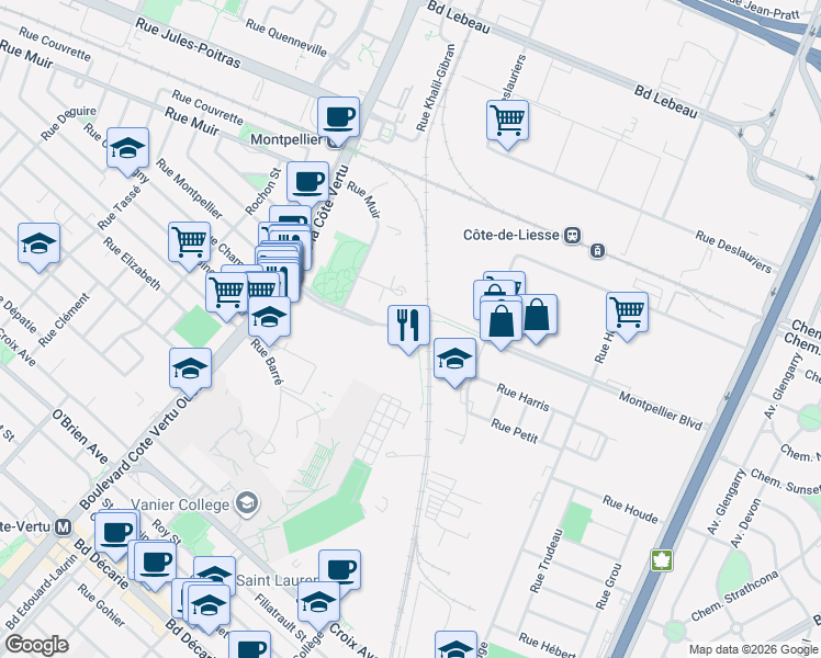 map of restaurants, bars, coffee shops, grocery stores, and more near 730 Montpellier Boulevard in Montreal