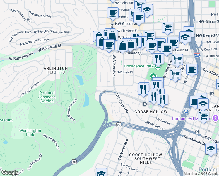 map of restaurants, bars, coffee shops, grocery stores, and more near 2328 Southwest Madison Street in Portland