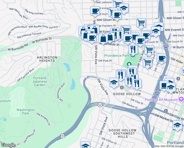 map of restaurants, bars, coffee shops, grocery stores, and more near 2328 Southwest Madison Street in Portland