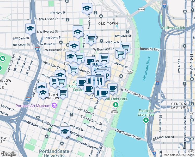 map of restaurants, bars, coffee shops, grocery stores, and more near 320 Southwest Alder Street in Portland