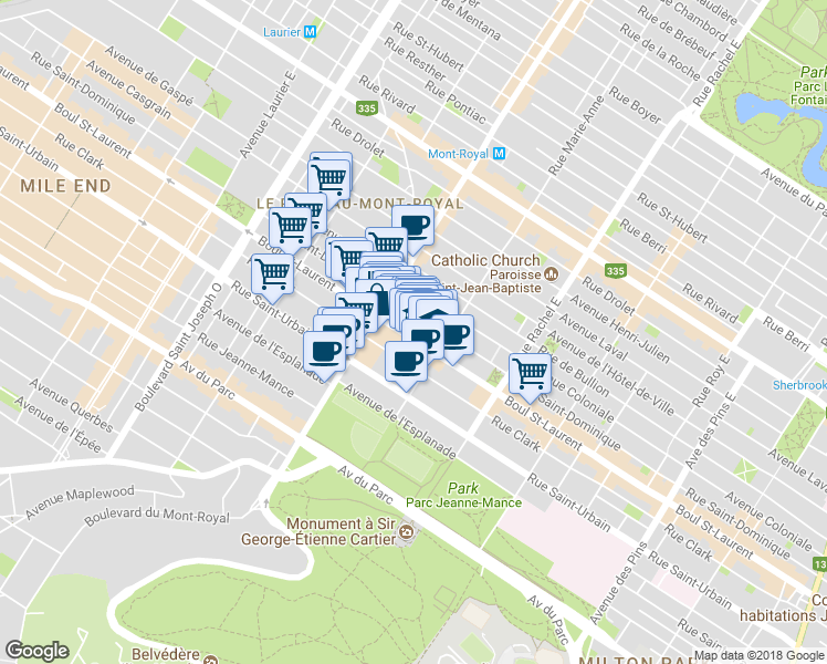 map of restaurants, bars, coffee shops, grocery stores, and more near 4417 Boulevard Saint-Laurent in Montréal
