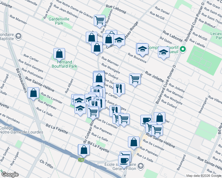 map of restaurants, bars, coffee shops, grocery stores, and more near 1568 Rue Marquette in Longueuil