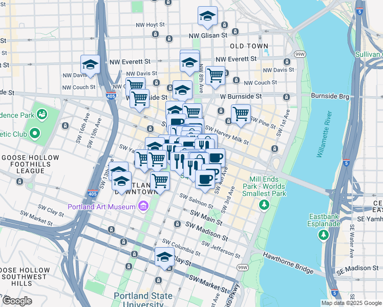 map of restaurants, bars, coffee shops, grocery stores, and more near 616 Southwest Broadway in Portland