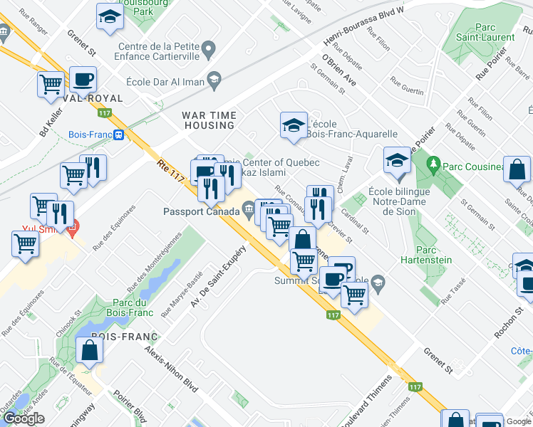 map of restaurants, bars, coffee shops, grocery stores, and more near 1990 Rue Grenet in Montréal