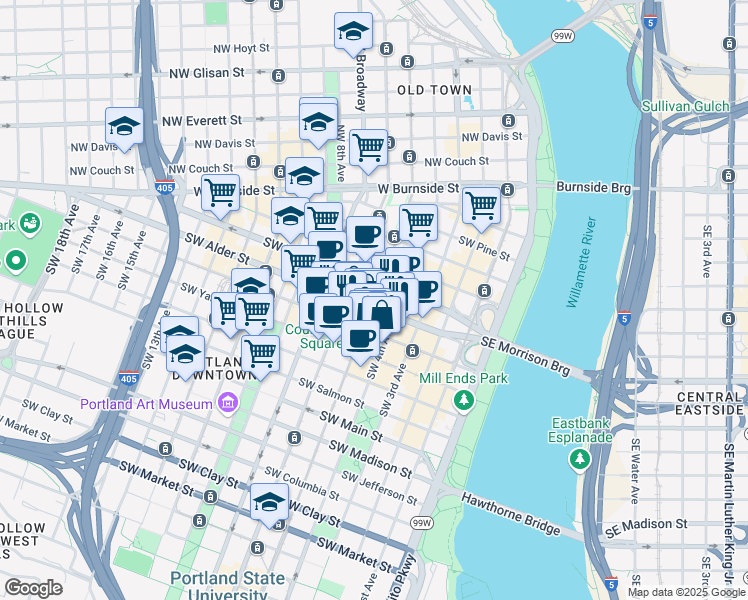 map of restaurants, bars, coffee shops, grocery stores, and more near 522 Southwest 5th Avenue in Portland