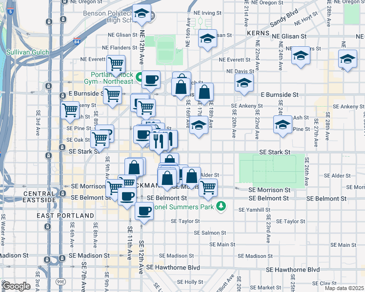 map of restaurants, bars, coffee shops, grocery stores, and more near 1501-1579 Southeast Stark Street in Portland