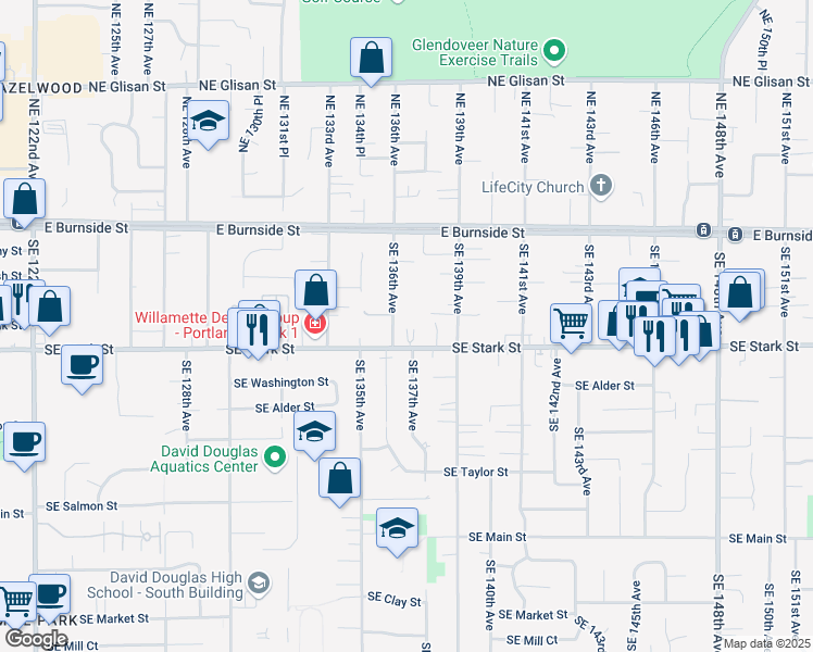 map of restaurants, bars, coffee shops, grocery stores, and more near 13625 Southeast Stark Street in Portland