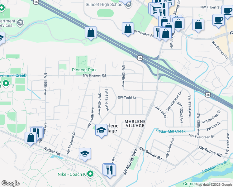 map of restaurants, bars, coffee shops, grocery stores, and more near 14091 Southwest Todd Street in Beaverton