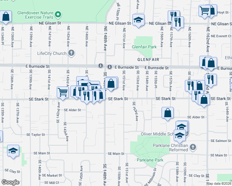map of restaurants, bars, coffee shops, grocery stores, and more near 14958 Southeast Stark Street in Portland