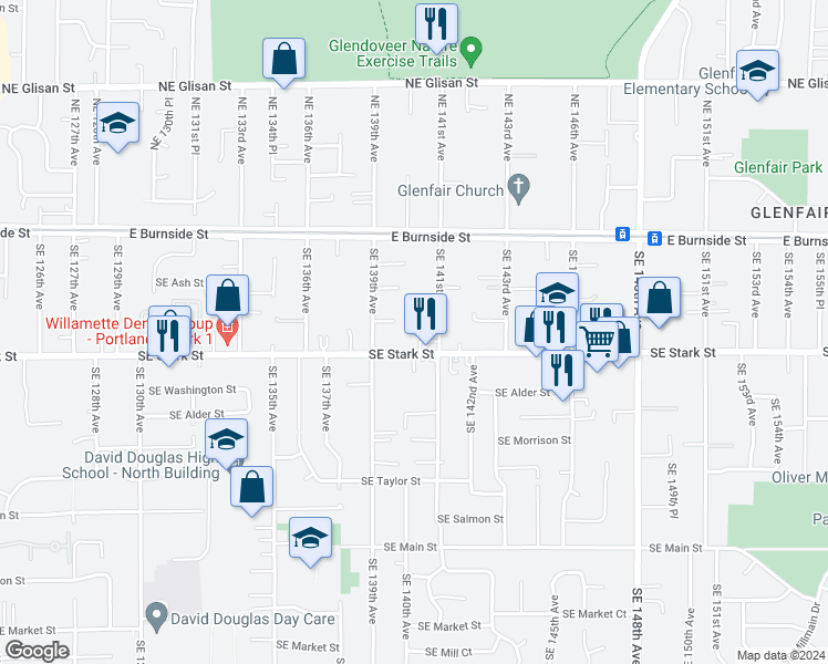 map of restaurants, bars, coffee shops, grocery stores, and more near 13932 Southeast Stark Street in Portland