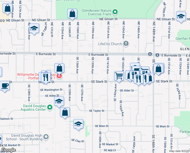 map of restaurants, bars, coffee shops, grocery stores, and more near 13932 Southeast Stark Street in Portland