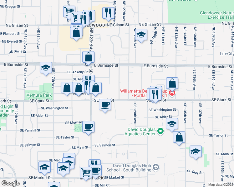 map of restaurants, bars, coffee shops, grocery stores, and more near 12650 Southeast Stark Street in Portland