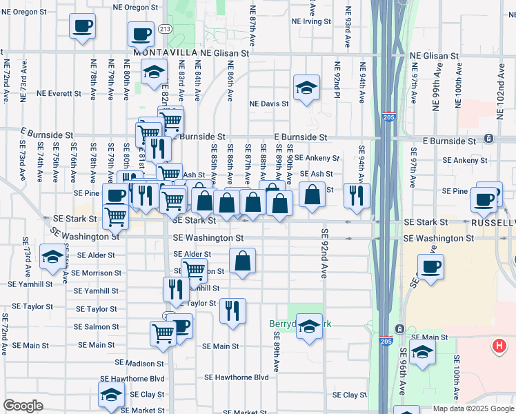 map of restaurants, bars, coffee shops, grocery stores, and more near 8648 Southeast Stark Street in Portland