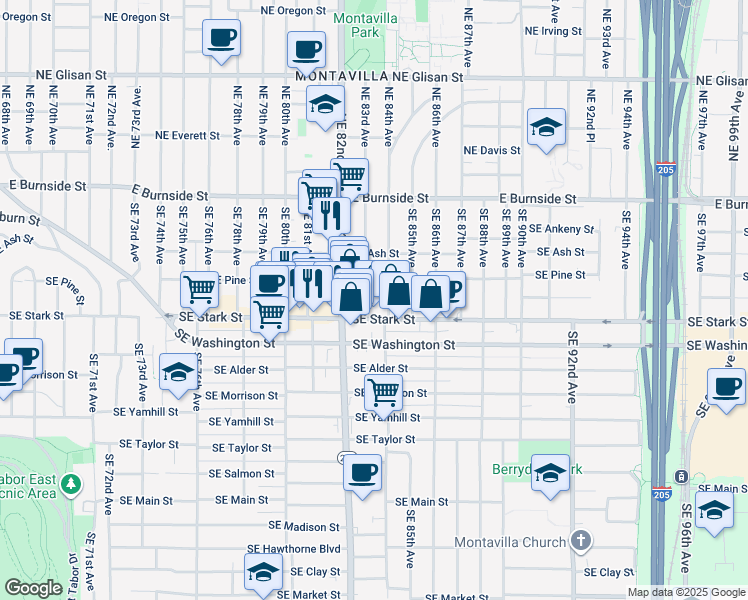 map of restaurants, bars, coffee shops, grocery stores, and more near 8418 Southeast Stark Street in Portland