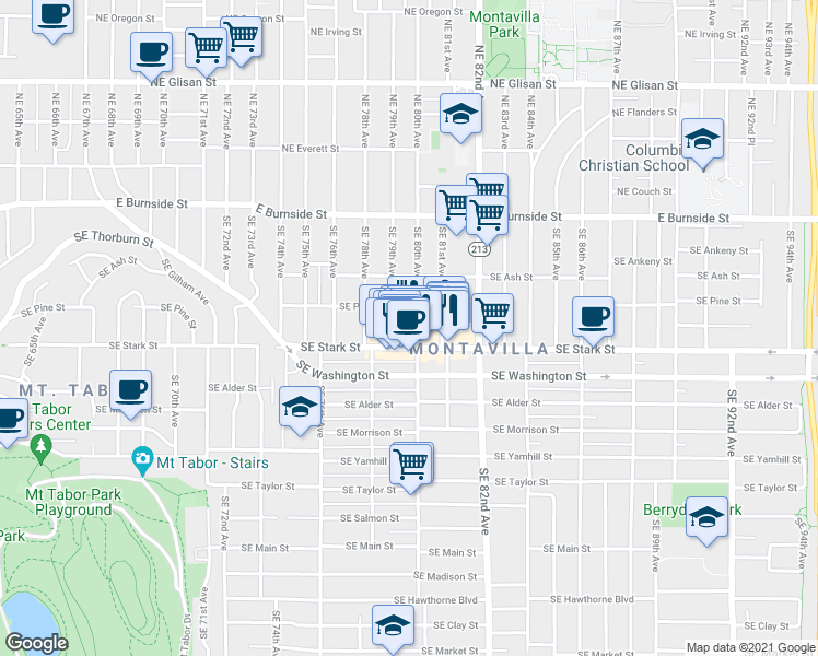 map of restaurants, bars, coffee shops, grocery stores, and more near 7912 Southeast Washington Street in Portland