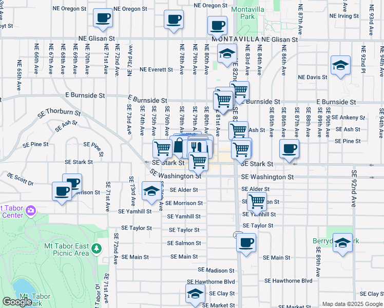 map of restaurants, bars, coffee shops, grocery stores, and more near 7804 Southeast Stark Street in Portland