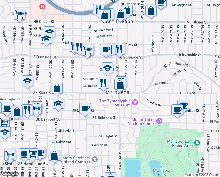 map of restaurants, bars, coffee shops, grocery stores, and more near 516 Southeast 58th Avenue in Portland