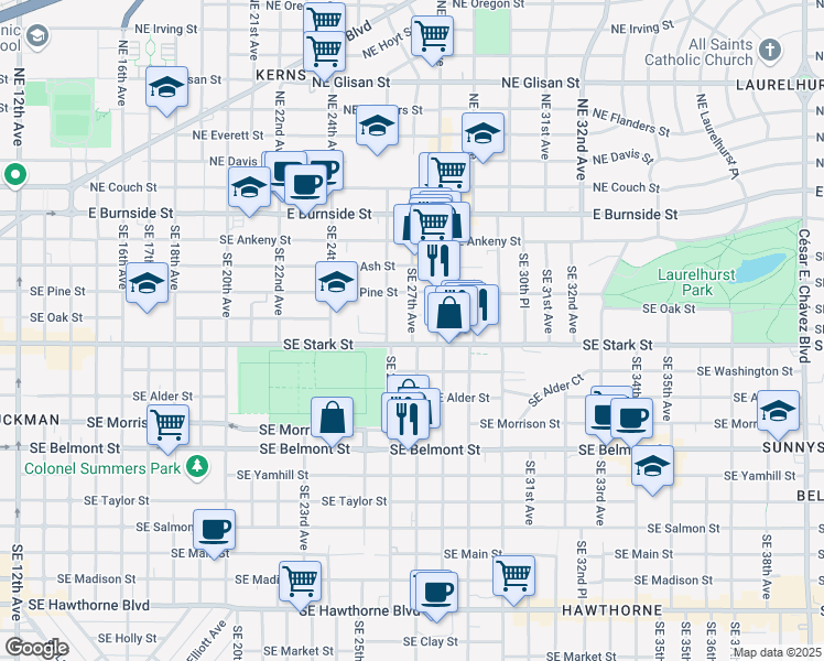 map of restaurants, bars, coffee shops, grocery stores, and more near 515 Southeast 27th Avenue in Portland