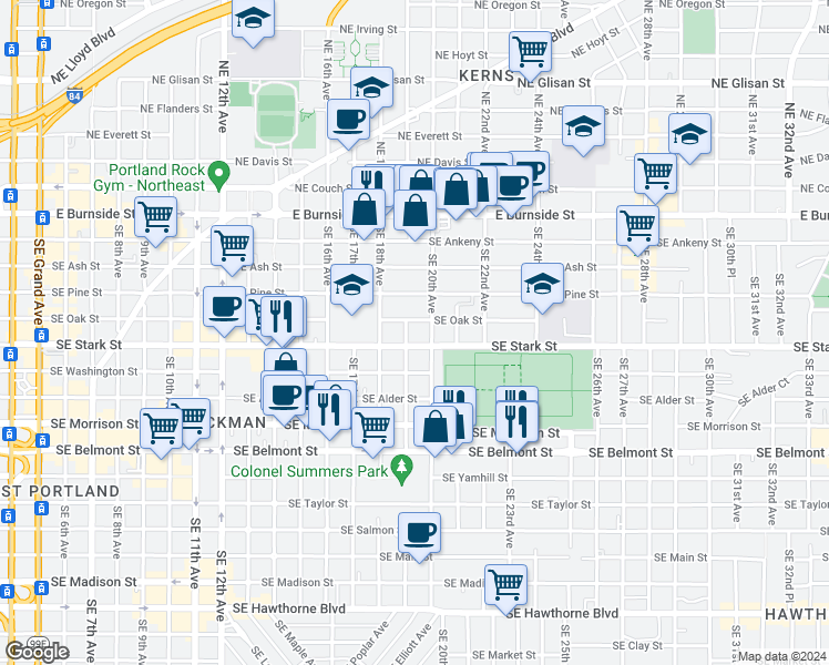 map of restaurants, bars, coffee shops, grocery stores, and more near 519 Southeast 20th Avenue in Portland