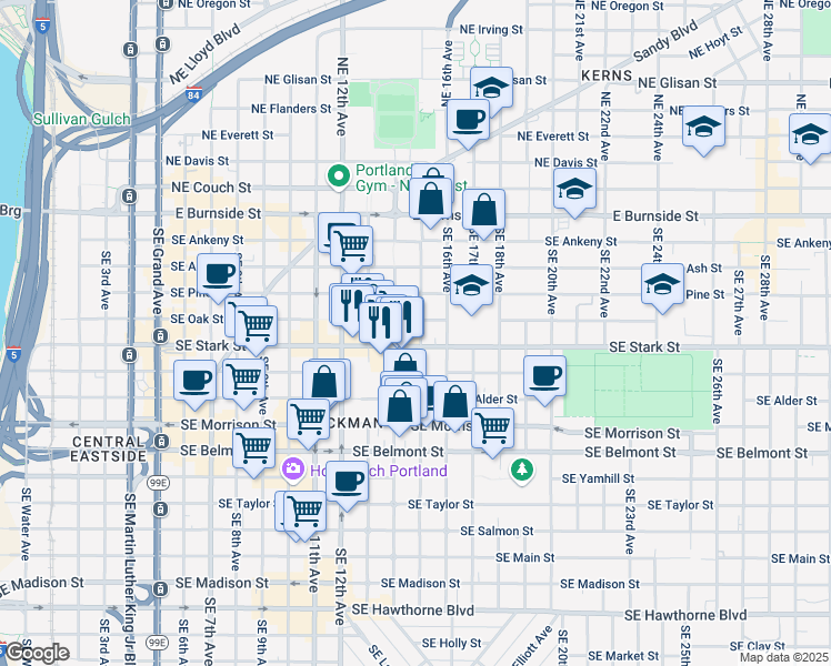 map of restaurants, bars, coffee shops, grocery stores, and more near 1436 Southeast Stark Street in Portland