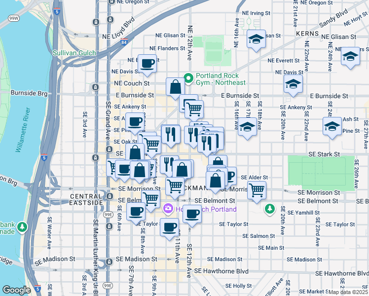 map of restaurants, bars, coffee shops, grocery stores, and more near 1313 East Burnside Street in Portland