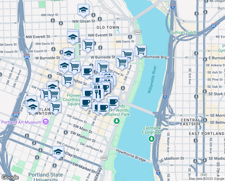 map of restaurants, bars, coffee shops, grocery stores, and more near 431-433 Southwest 2nd Avenue in Portland