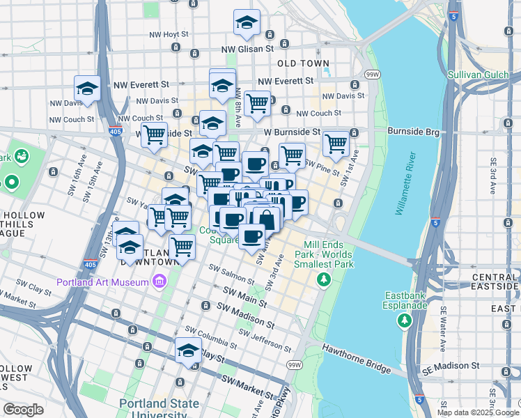 map of restaurants, bars, coffee shops, grocery stores, and more near in Portland