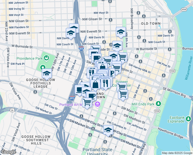 map of restaurants, bars, coffee shops, grocery stores, and more near in Portland