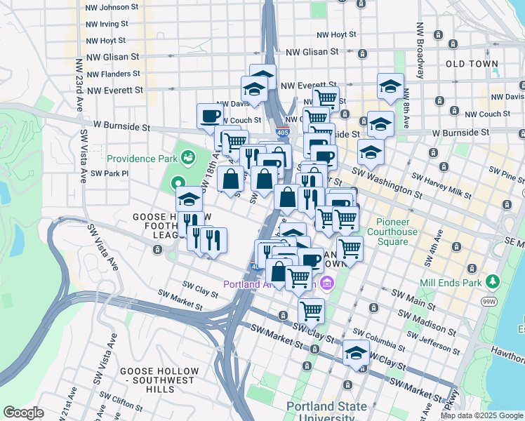 map of restaurants, bars, coffee shops, grocery stores, and more near in Portland