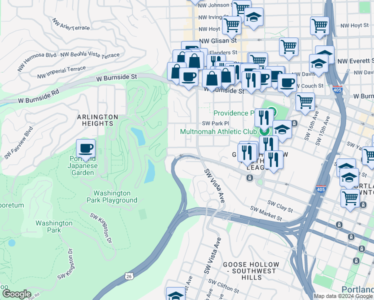map of restaurants, bars, coffee shops, grocery stores, and more near 2329 Southwest Jefferson Street in Portland