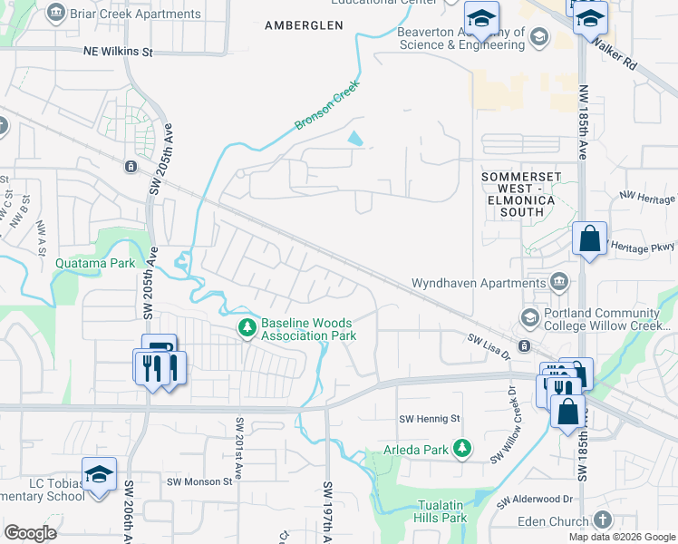 map of restaurants, bars, coffee shops, grocery stores, and more near 195 Redwood Drive in Beaverton